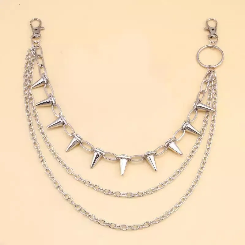 Silver double-layer metal pants chain with rivets and a zipper fastener, shown at full 115cm length.