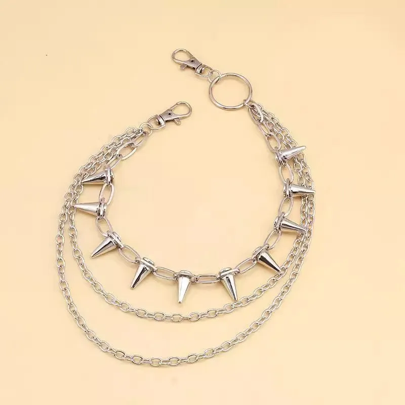 Silver double-layer metal pants chain with rivets and a zipper fastener, shown at full 115cm length.