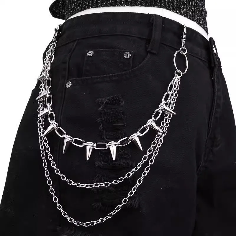 Silver double-layer metal pants chain with rivets and a zipper fastener, shown at full 115cm length.