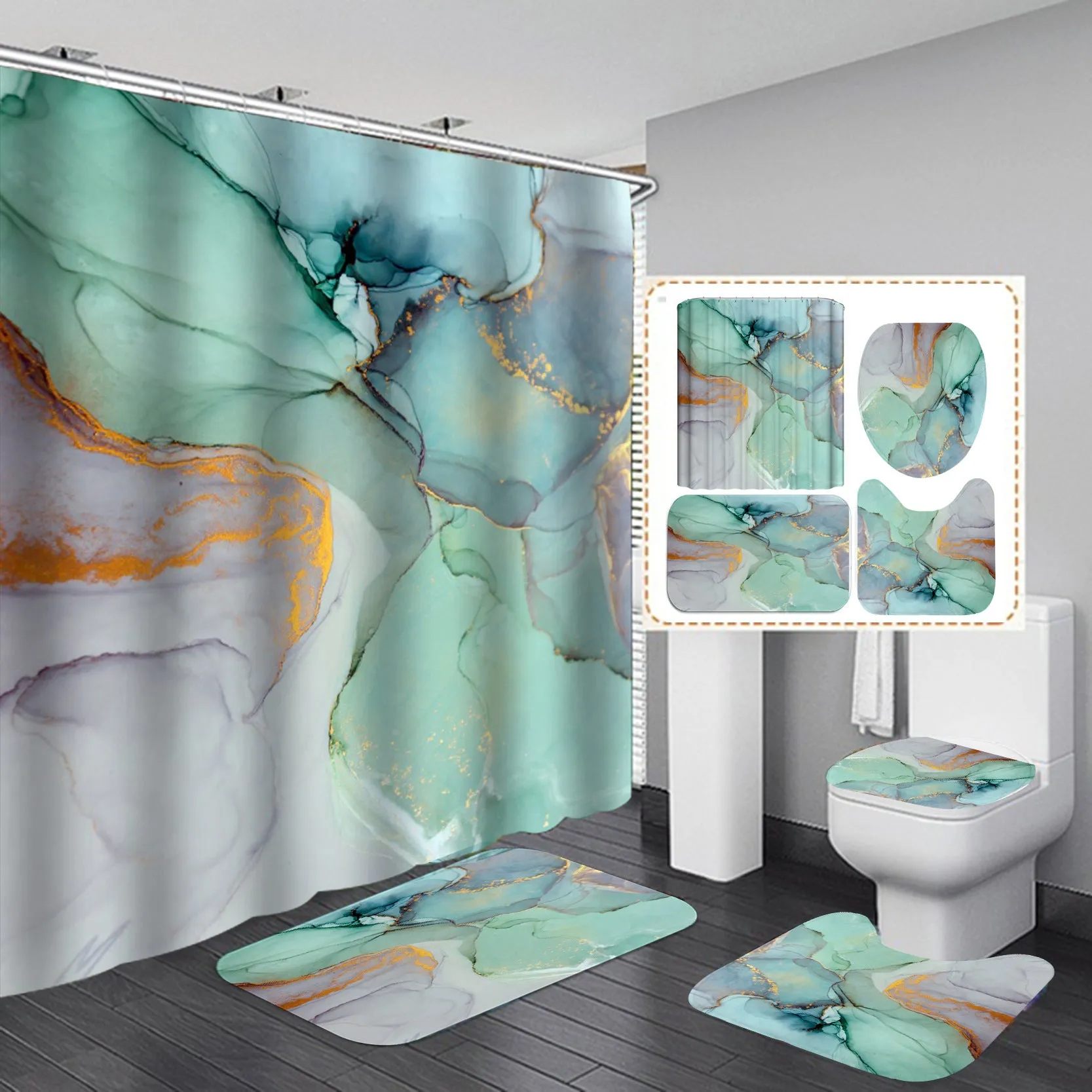 3D art geometric shower curtain set including waterproof polyester curtain with flannel bath mats and U-shaped mat for bathroom decor