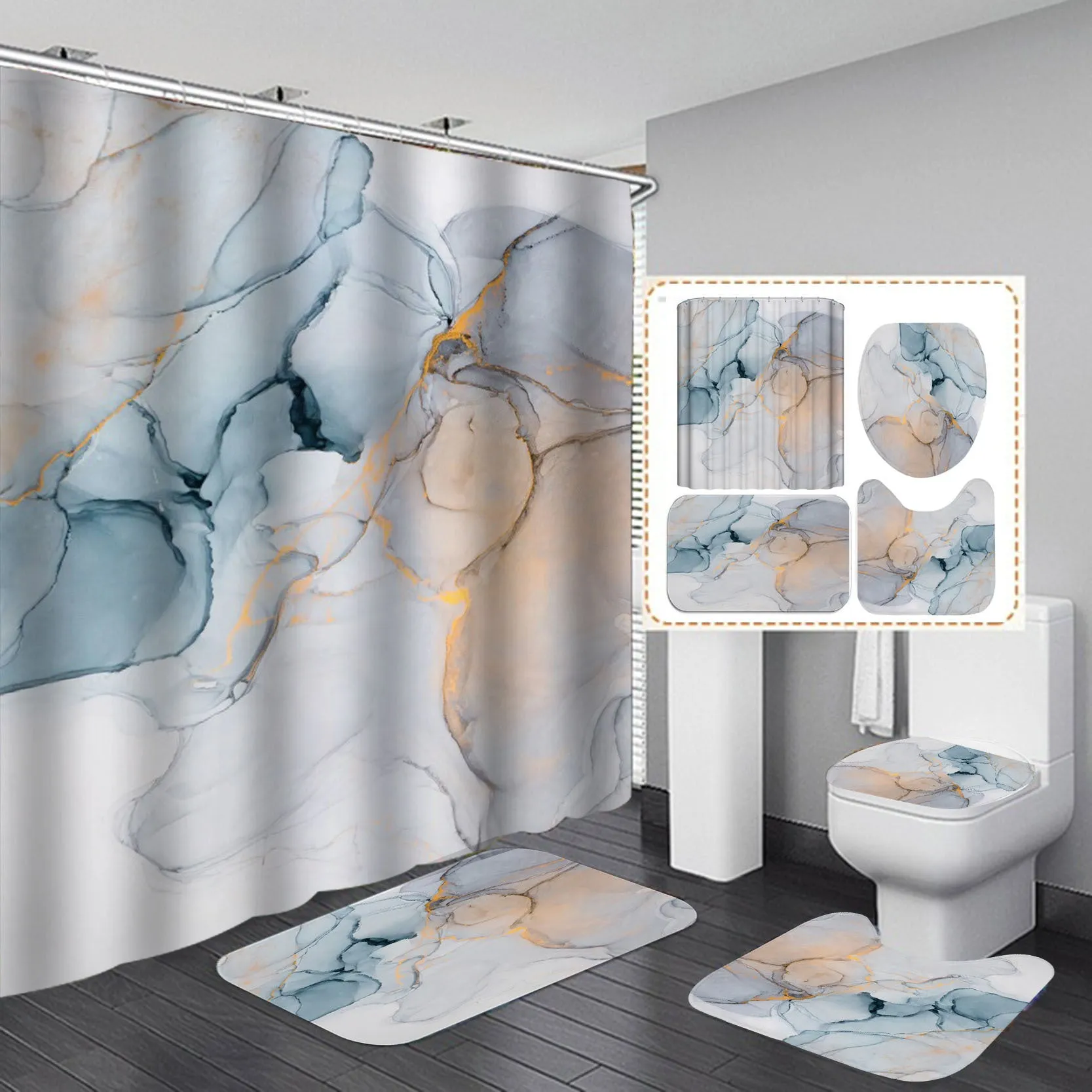 3D art geometric shower curtain set including waterproof polyester curtain with flannel bath mats and U-shaped mat for bathroom decor