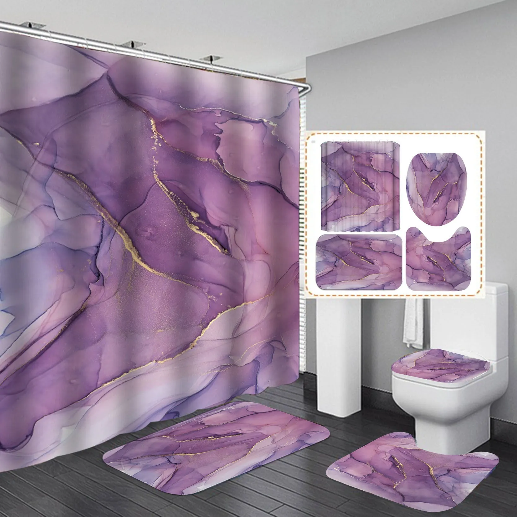 3D art geometric shower curtain set including waterproof polyester curtain with flannel bath mats and U-shaped mat for bathroom decor