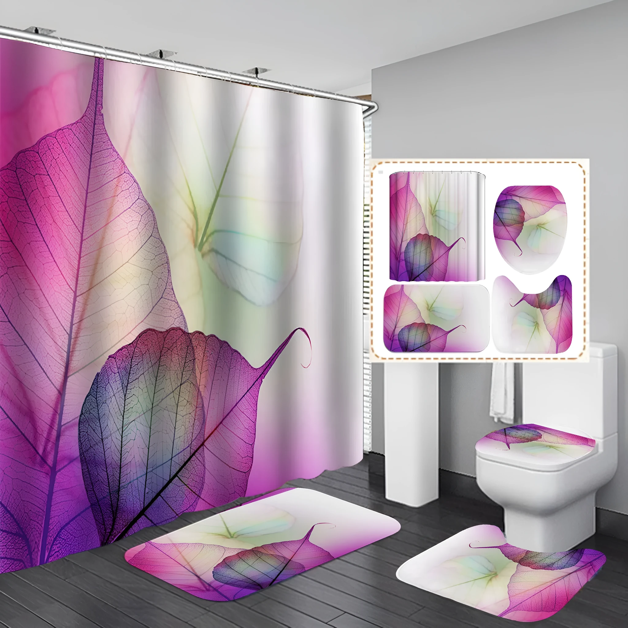 3D art geometric shower curtain set including waterproof polyester curtain with flannel bath mats and U-shaped mat for bathroom decor