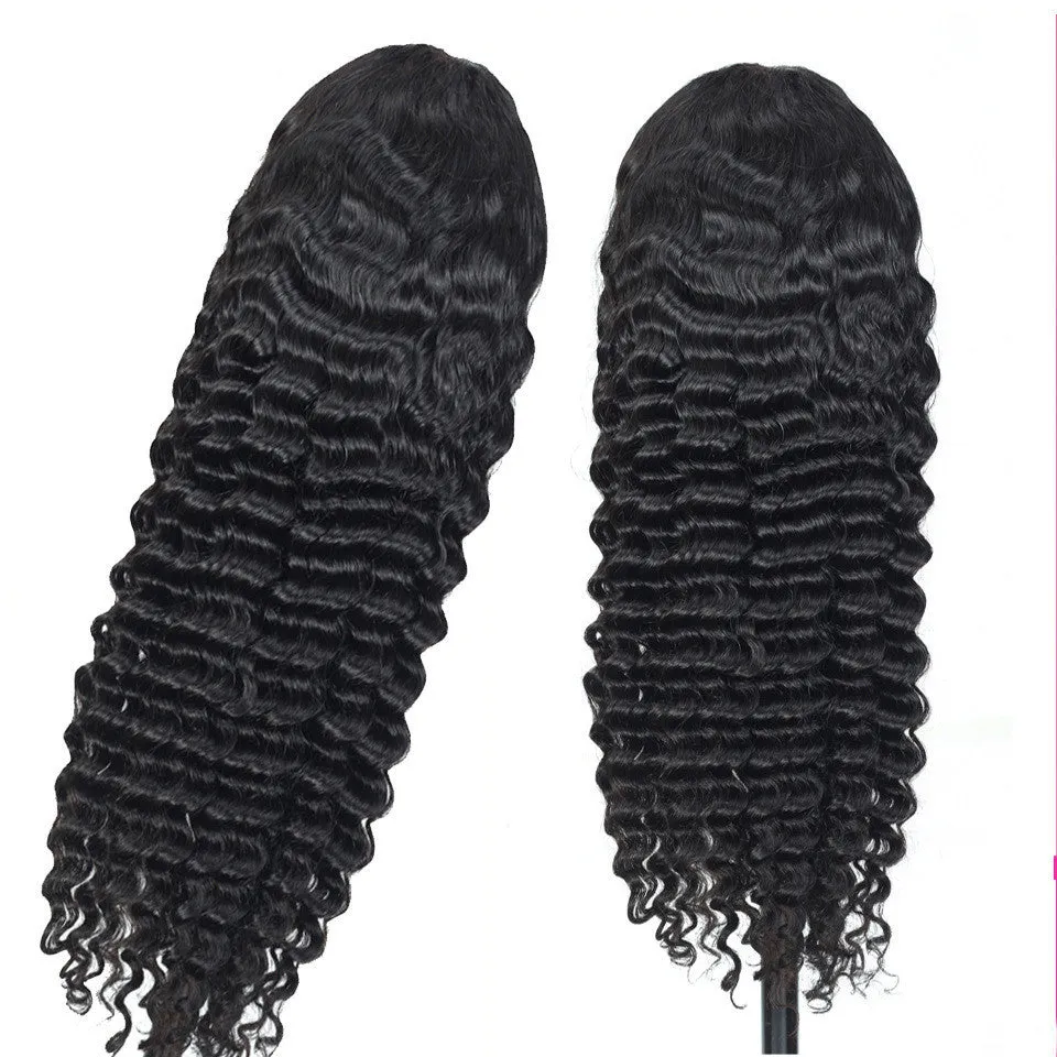 Deep wave human hair lace frontal wig in black, machine made, 14 inches long, with straight bangs