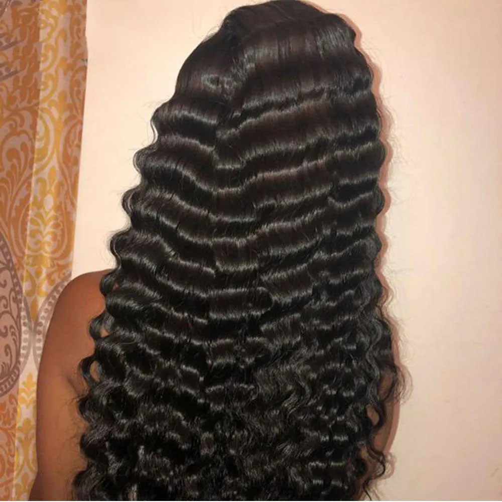 Deep wave human hair lace frontal wig in black, machine made, 14 inches long, with straight bangs
