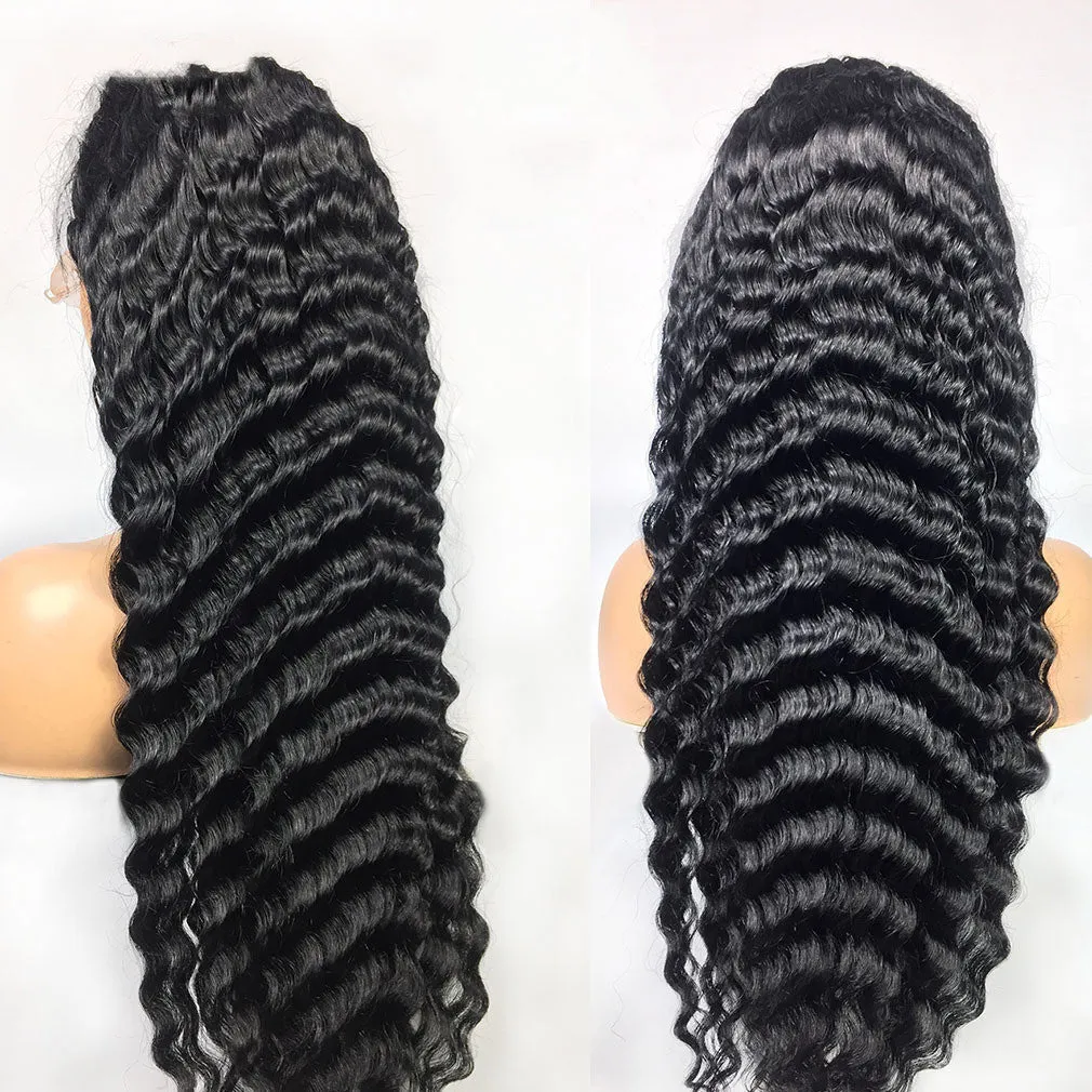 Deep wave human hair lace frontal wig in black, machine made, 14 inches long, with straight bangs