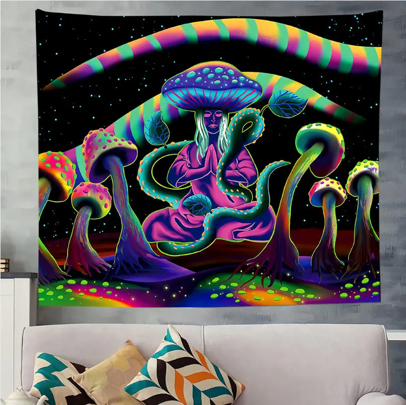 Polyester fibre home digital printing art wall tapestry in a living room, available in multiple sizes and colours
