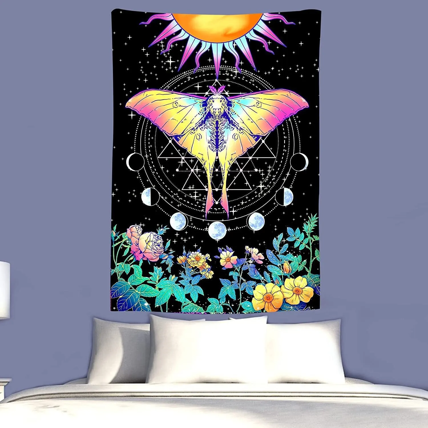 Polyester fibre home digital printing art wall tapestry in a living room, available in multiple sizes and colours