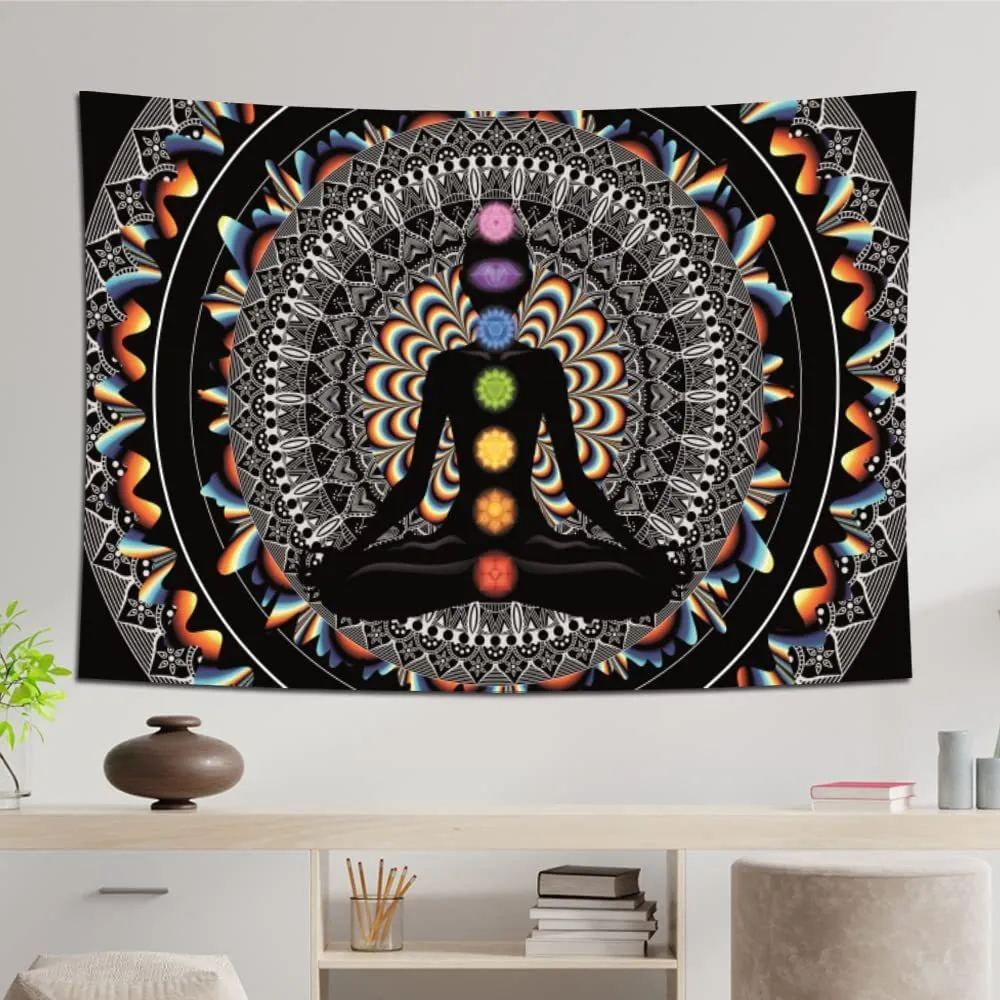 Polyester fibre home digital printing art wall tapestry in a living room, available in multiple sizes and colours