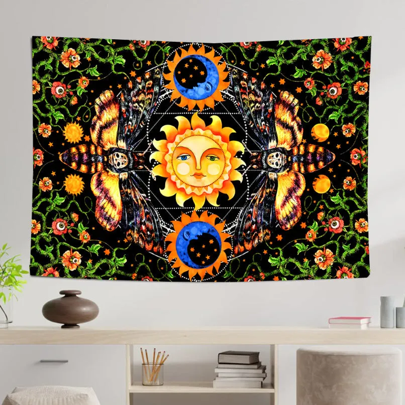 Polyester fibre home digital printing art wall tapestry in a living room, available in multiple sizes and colours