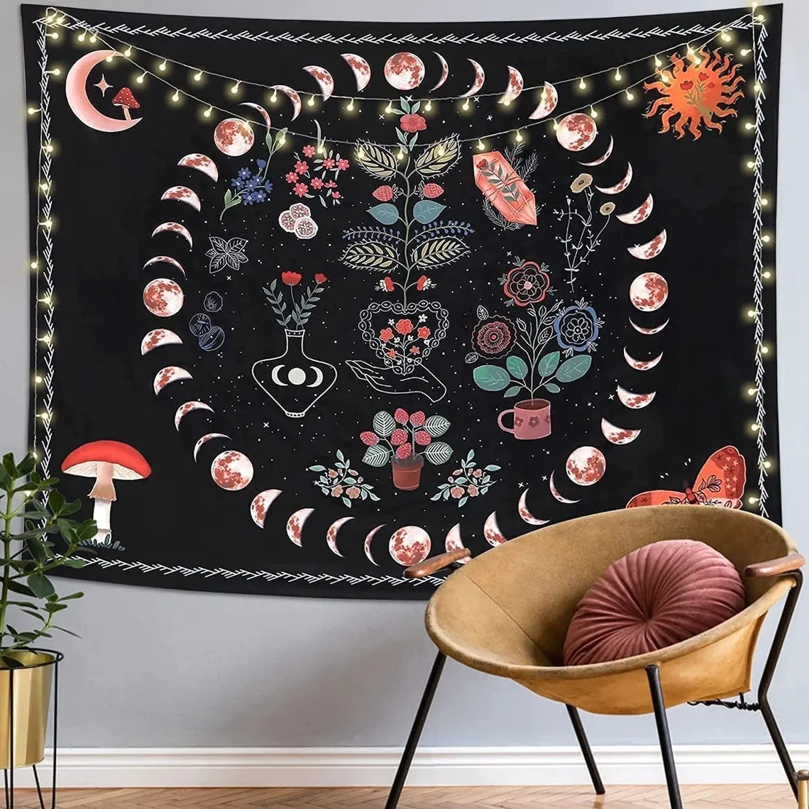 Polyester fibre home digital printing art wall tapestry in a living room, available in multiple sizes and colours