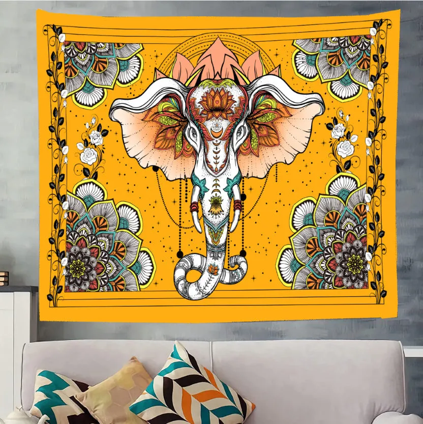 Polyester fibre home digital printing art wall tapestry in a living room, available in multiple sizes and colours