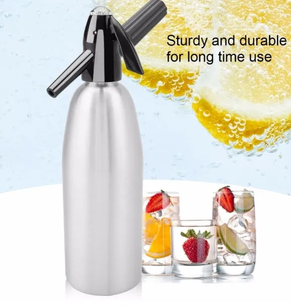 Silver portable 1L aluminium soda maker with pressure regulator and safe cover on table