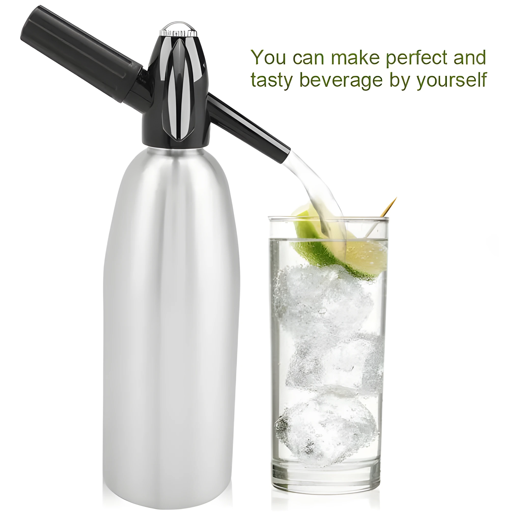 Silver portable 1L aluminium soda maker with pressure regulator and safe cover on table