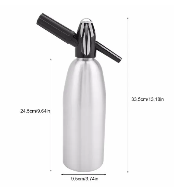 Silver portable 1L aluminium soda maker with pressure regulator and safe cover on table