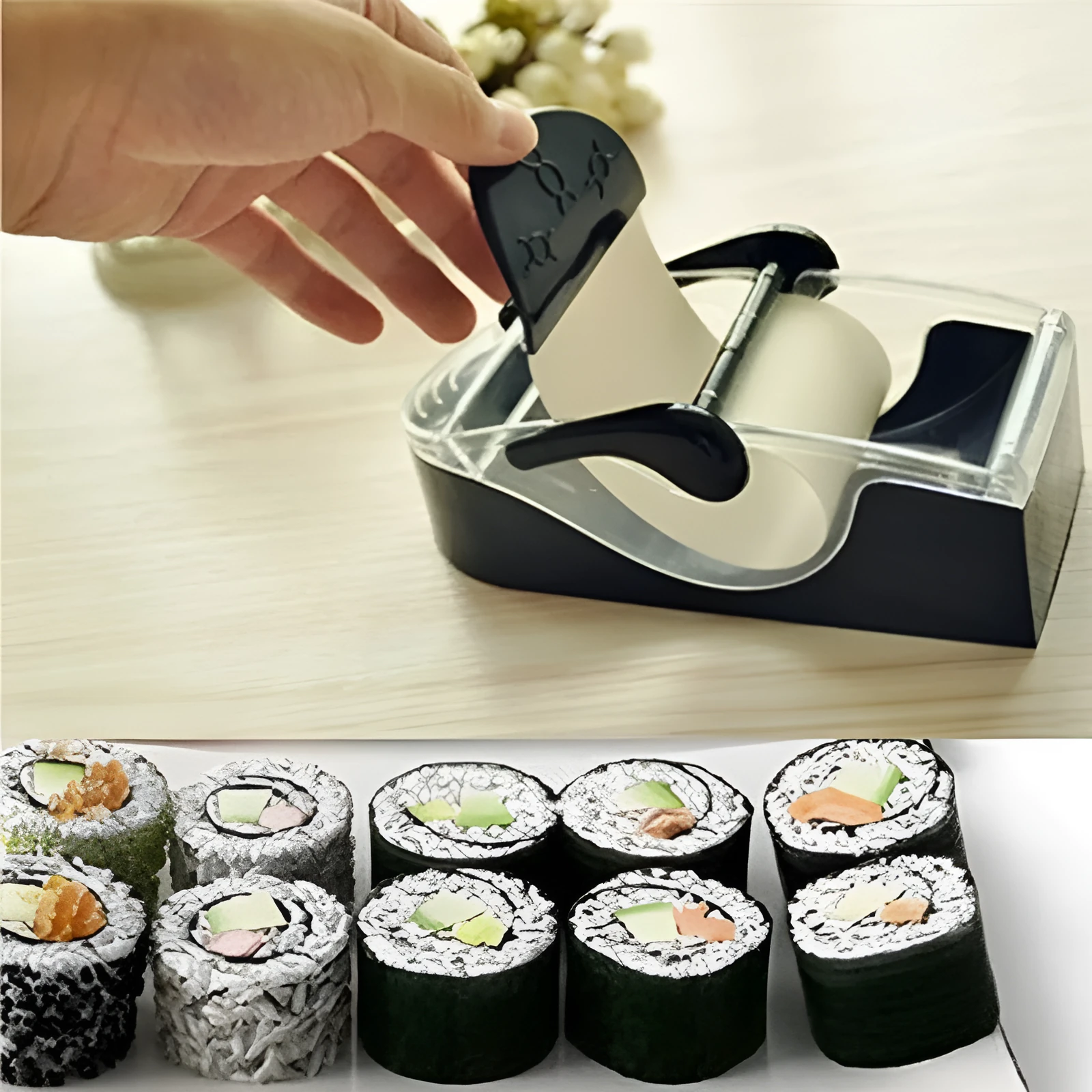 Black DIY plastic kitchen roll sushi machine on a flat surface with lever and roller band visible