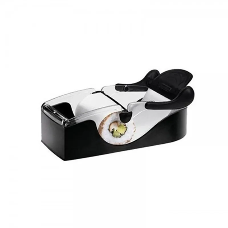 Black DIY plastic kitchen roll sushi machine on a flat surface with lever and roller band visible