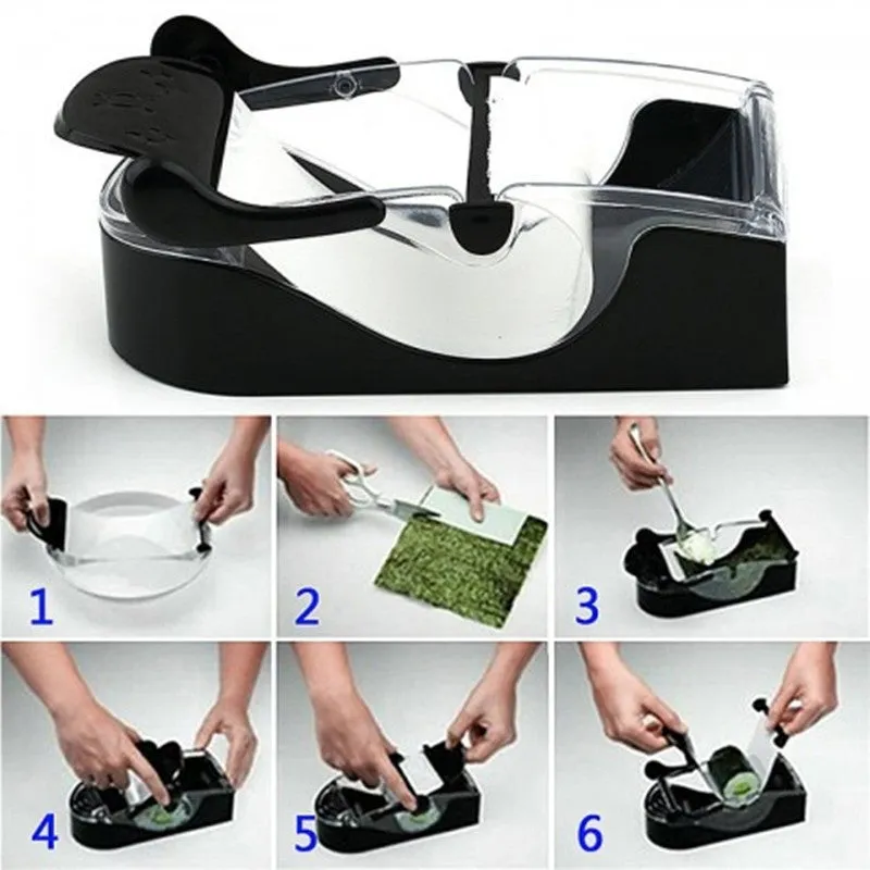 Black DIY plastic kitchen roll sushi machine on a flat surface with lever and roller band visible