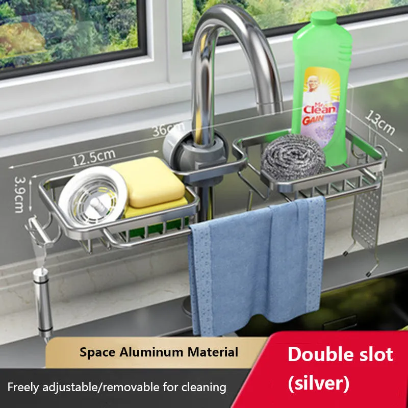 Silver single kitchen storage faucet rack drain basket made of space aluminium on sink