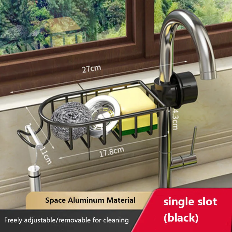 Silver single kitchen storage faucet rack drain basket made of space aluminium on sink
