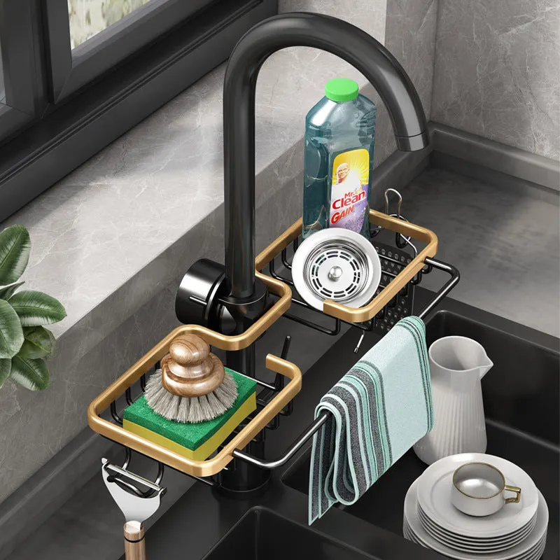 Silver single kitchen storage faucet rack drain basket made of space aluminium on sink