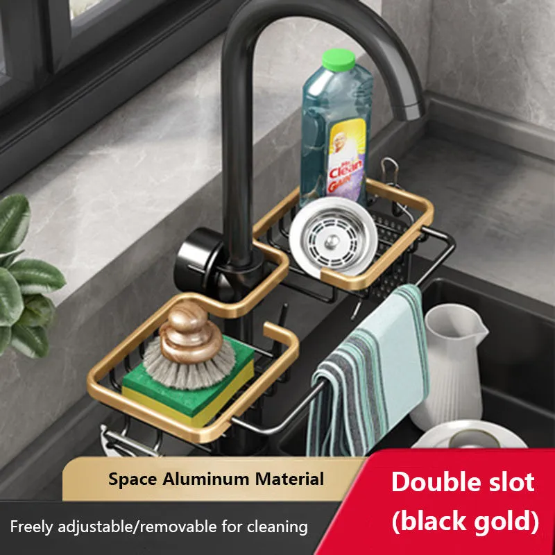 Silver single kitchen storage faucet rack drain basket made of space aluminium on sink