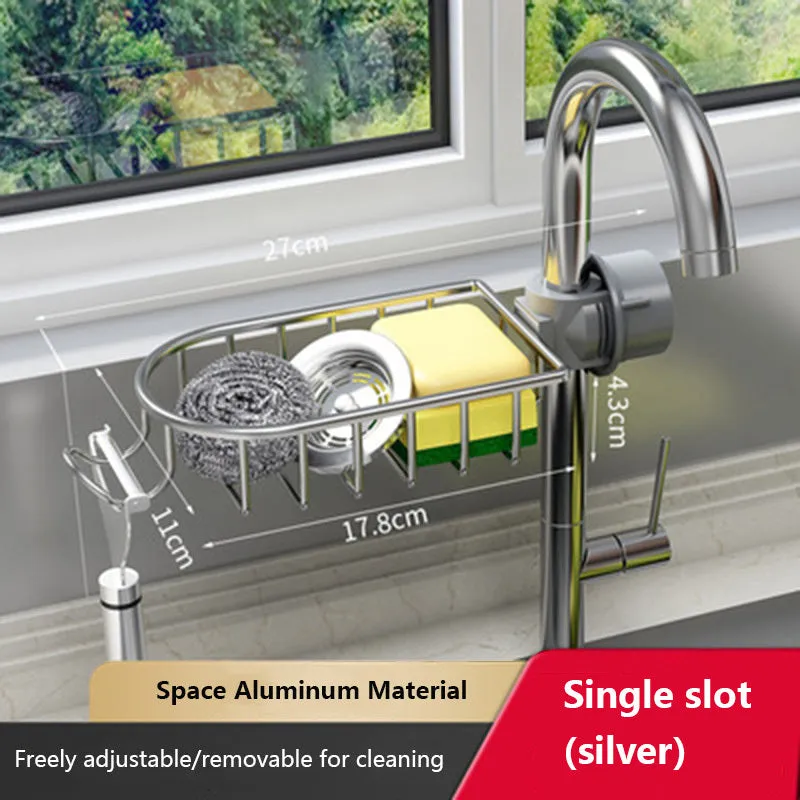 Silver single kitchen storage faucet rack drain basket made of space aluminium on sink