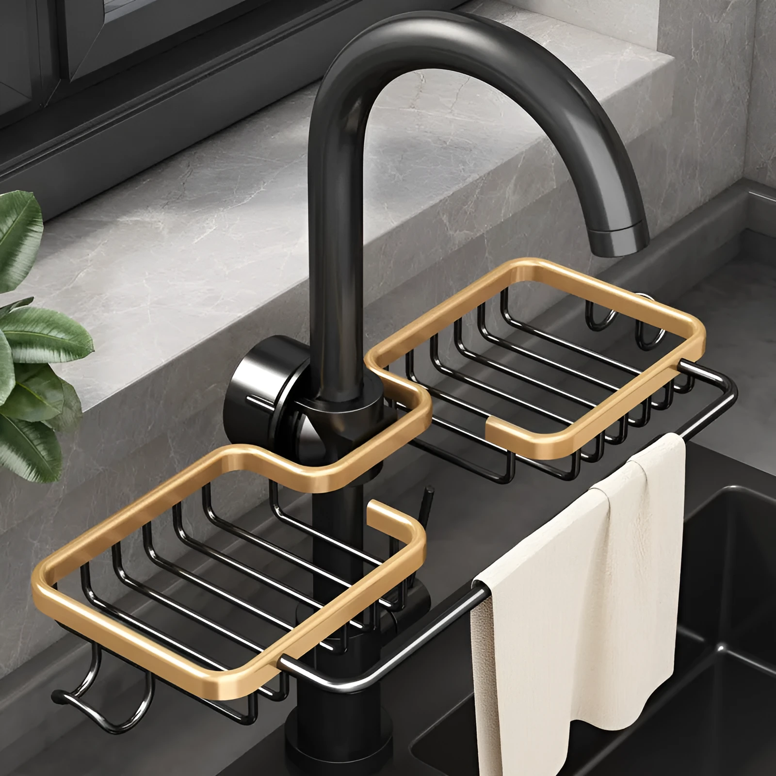 Silver single kitchen storage faucet rack drain basket made of space aluminium on sink