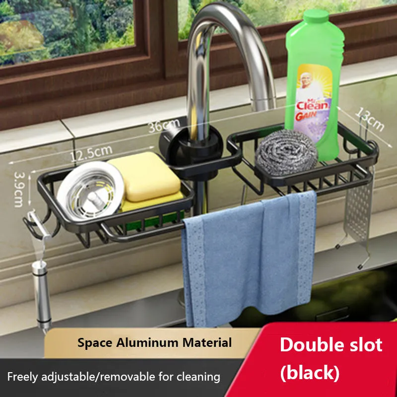 Silver single kitchen storage faucet rack drain basket made of space aluminium on sink