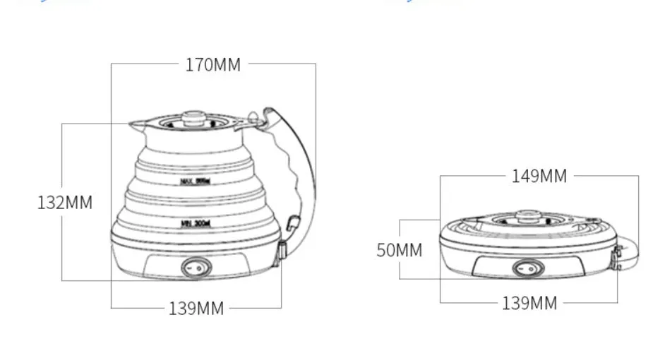 Foldable electric kettle in collapsed position showing compact 50mm height, silicone body, and power cord