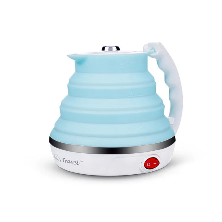 Foldable electric kettle in collapsed position showing compact 50mm height, silicone body, and power cord