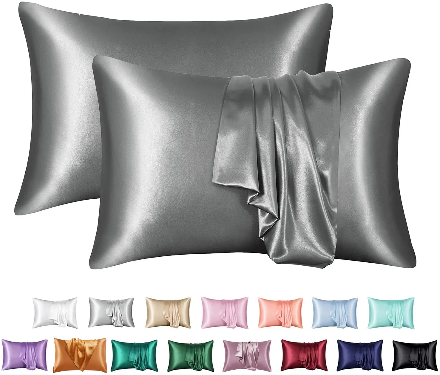 Dark blue polyester satin pillowcase with envelope closure on a bed with white sheets