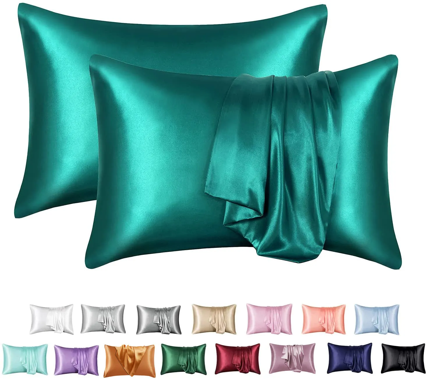 Dark blue polyester satin pillowcase with envelope closure on a bed with white sheets