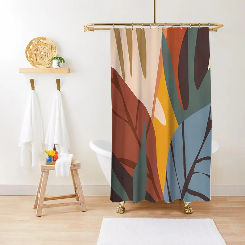 Waterproof anti-mildew polyester shower curtain with green plant print in bathroom setting