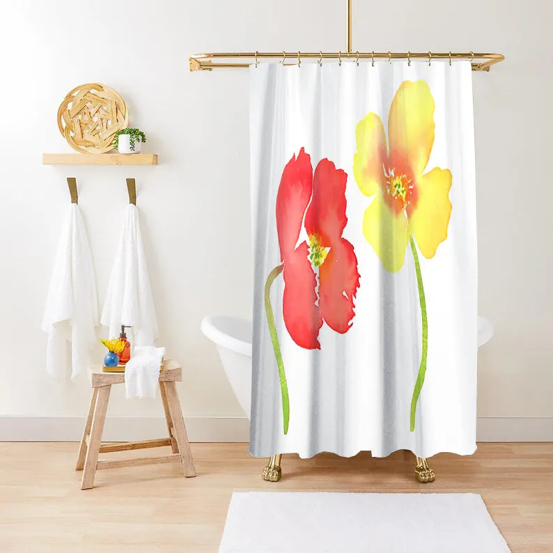 Waterproof anti-mildew polyester shower curtain with green plant print in bathroom setting