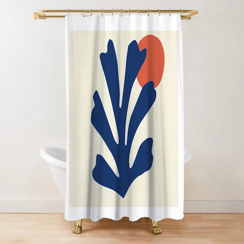 Waterproof anti-mildew polyester shower curtain with green plant print in bathroom setting