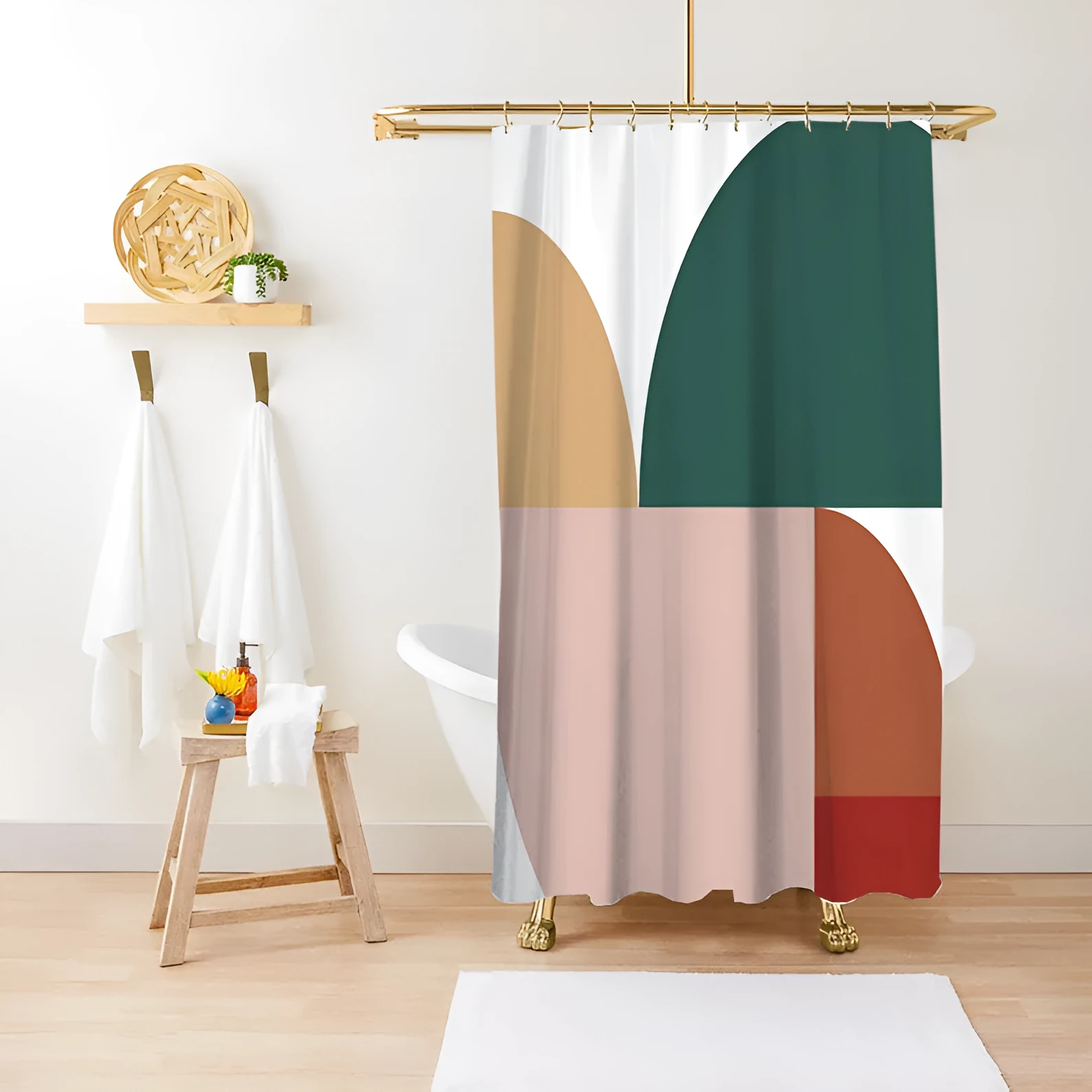 Waterproof anti-mildew polyester shower curtain with green plant print in bathroom setting