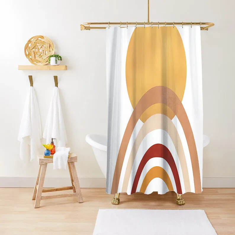 Waterproof anti-mildew polyester shower curtain with green plant print in bathroom setting