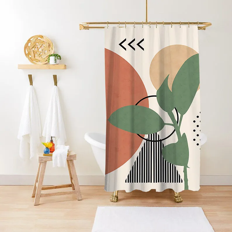 Waterproof anti-mildew polyester shower curtain with green plant print in bathroom setting