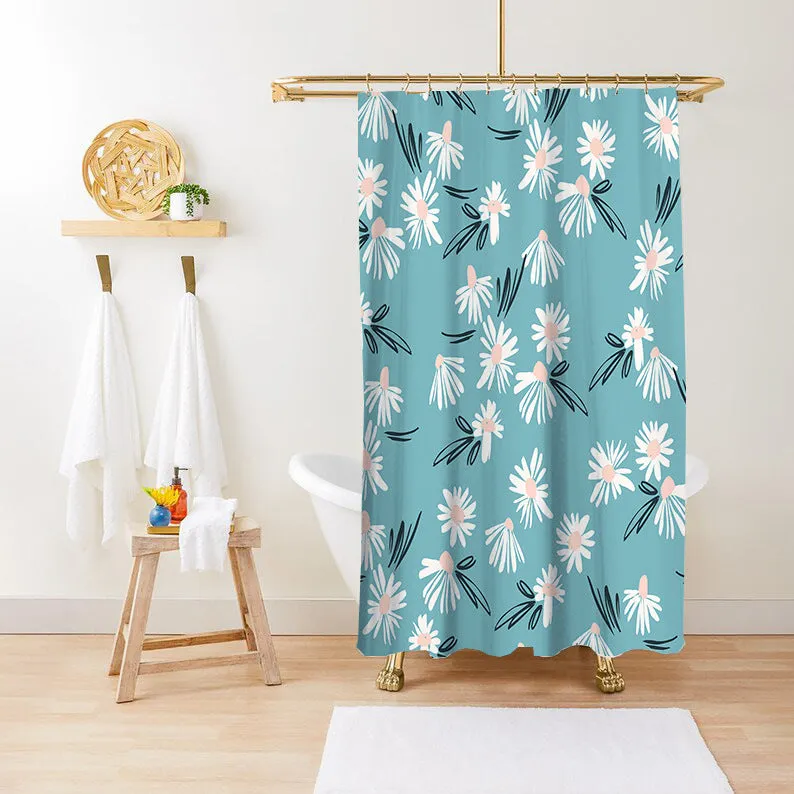 Waterproof anti-mildew polyester shower curtain with green plant print in bathroom setting