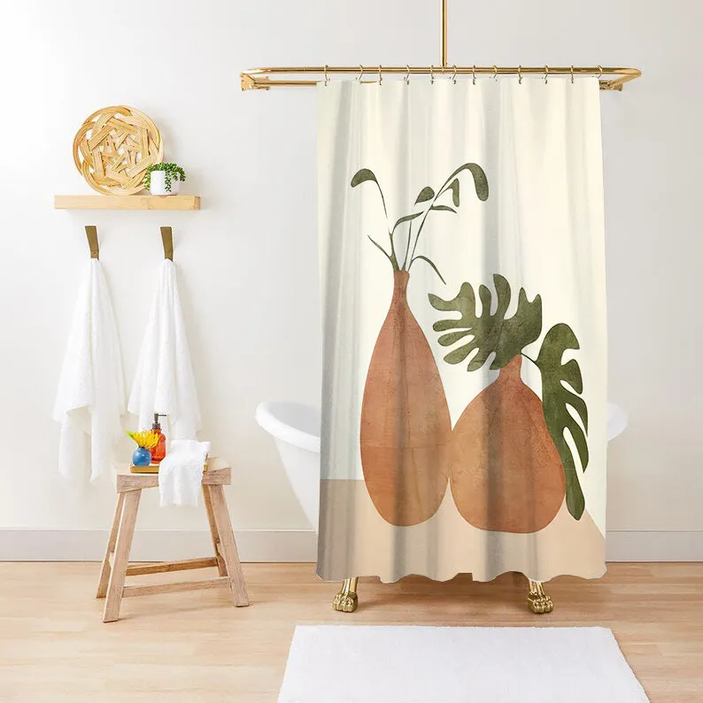 Waterproof anti-mildew polyester shower curtain with green plant print in bathroom setting