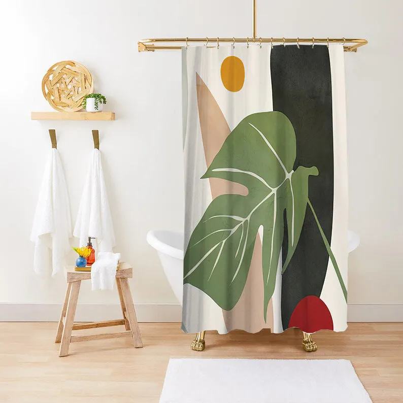 Waterproof anti-mildew polyester shower curtain with green plant print in bathroom setting