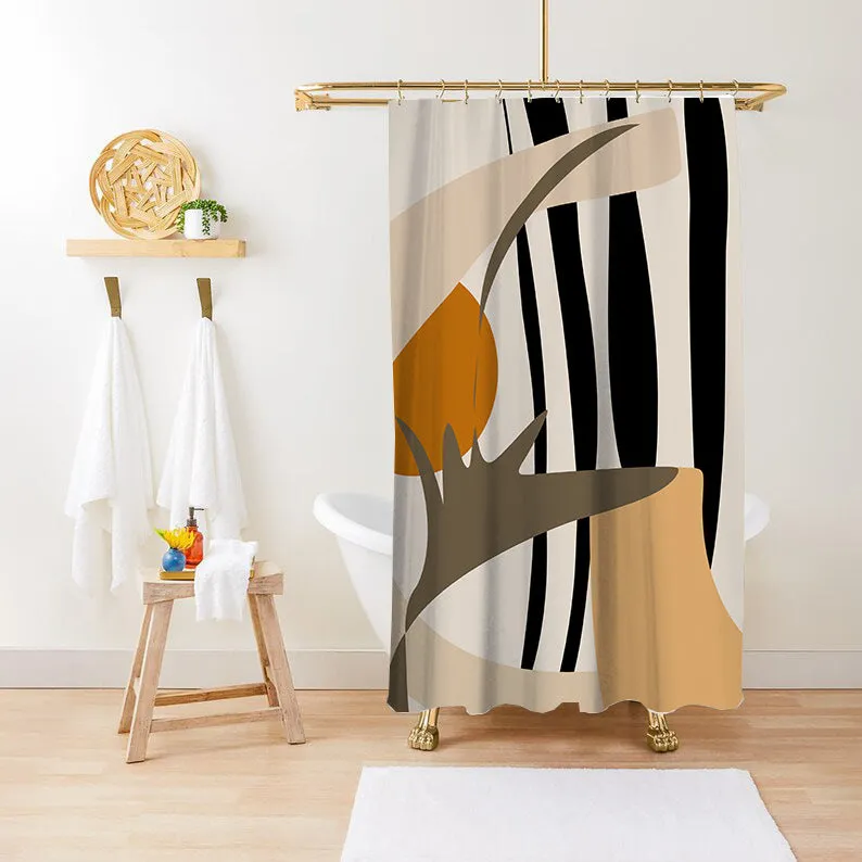 Waterproof anti-mildew polyester shower curtain with green plant print in bathroom setting