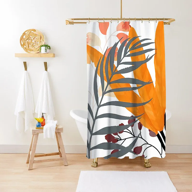 Waterproof anti-mildew polyester shower curtain with green plant print in bathroom setting