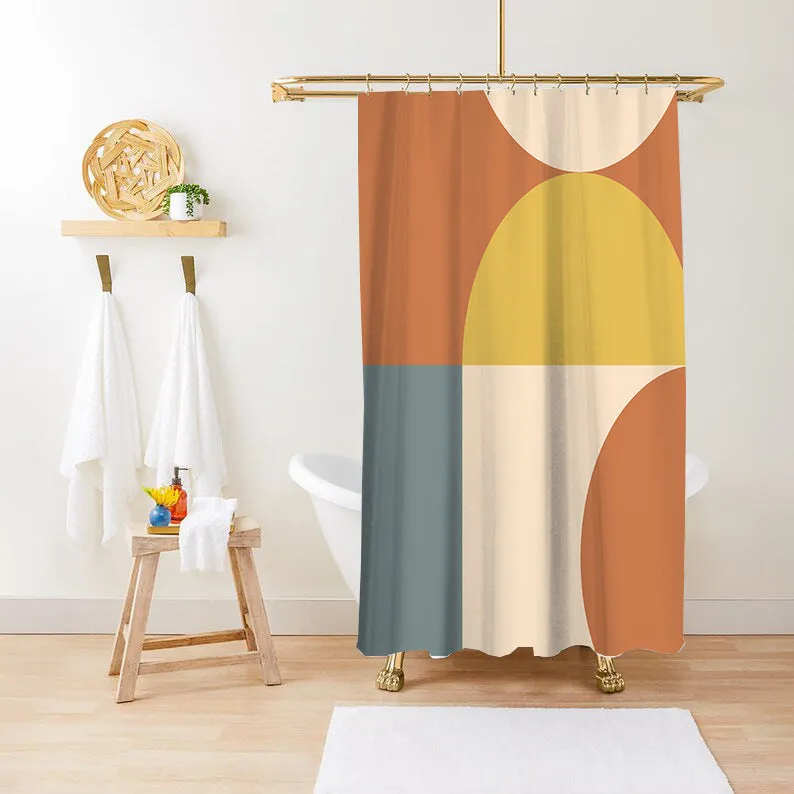 Waterproof anti-mildew polyester shower curtain with green plant print in bathroom setting