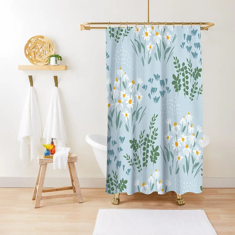 Waterproof anti-mildew polyester shower curtain with green plant print in bathroom setting