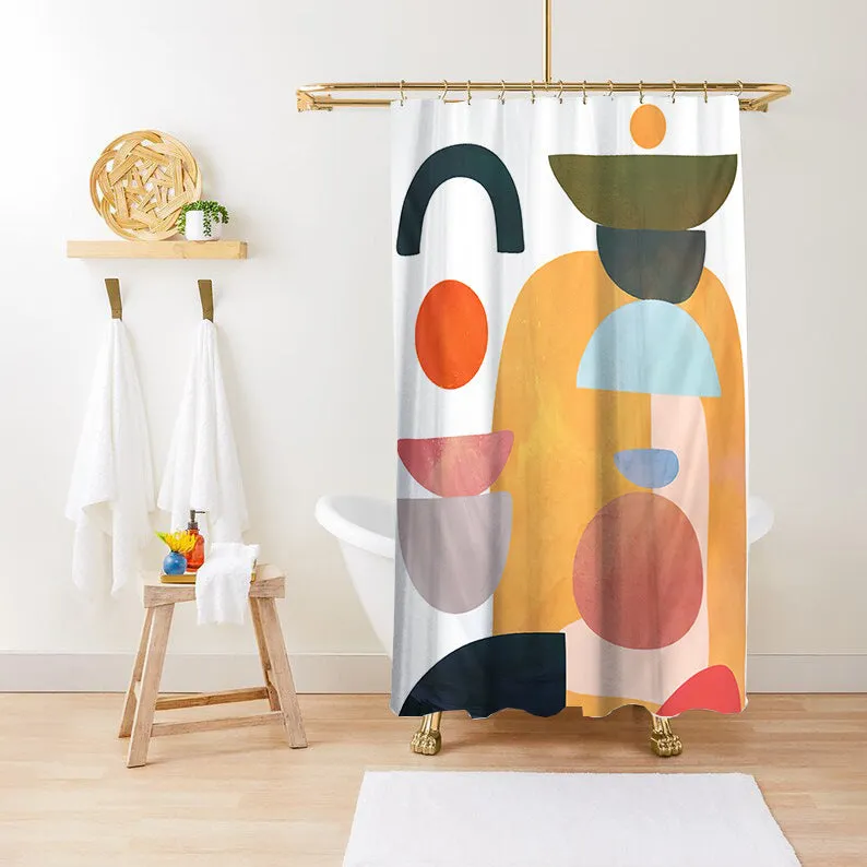 Waterproof anti-mildew polyester shower curtain with green plant print in bathroom setting