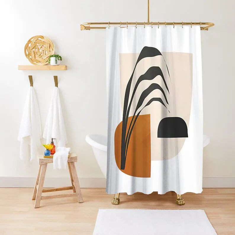 Waterproof anti-mildew polyester shower curtain with green plant print in bathroom setting