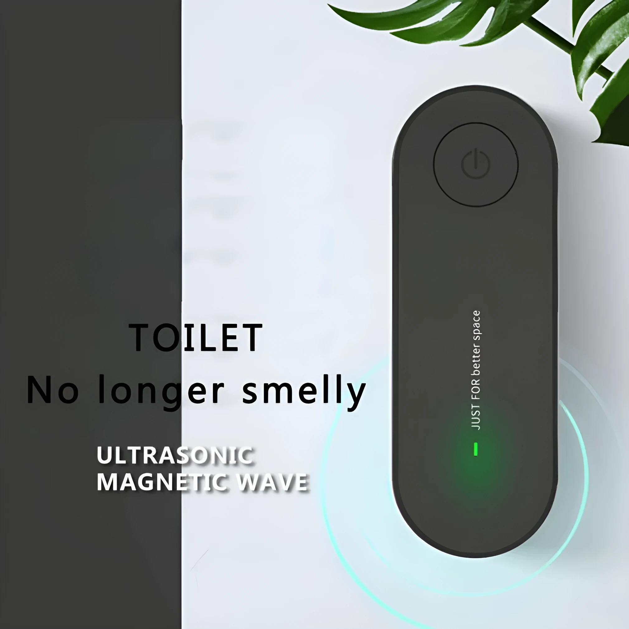 Small negative ion air purifier in black, plugged into a wall socket, with a room in the background