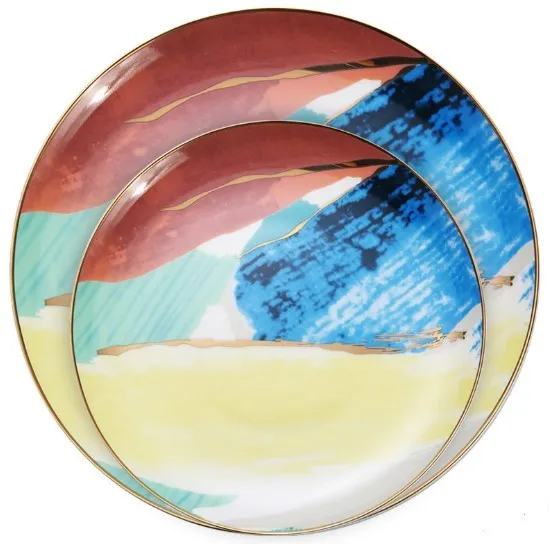 Watercolour dessert plate with real gold edge, 10.5 inch bone china porcelain, pink colour